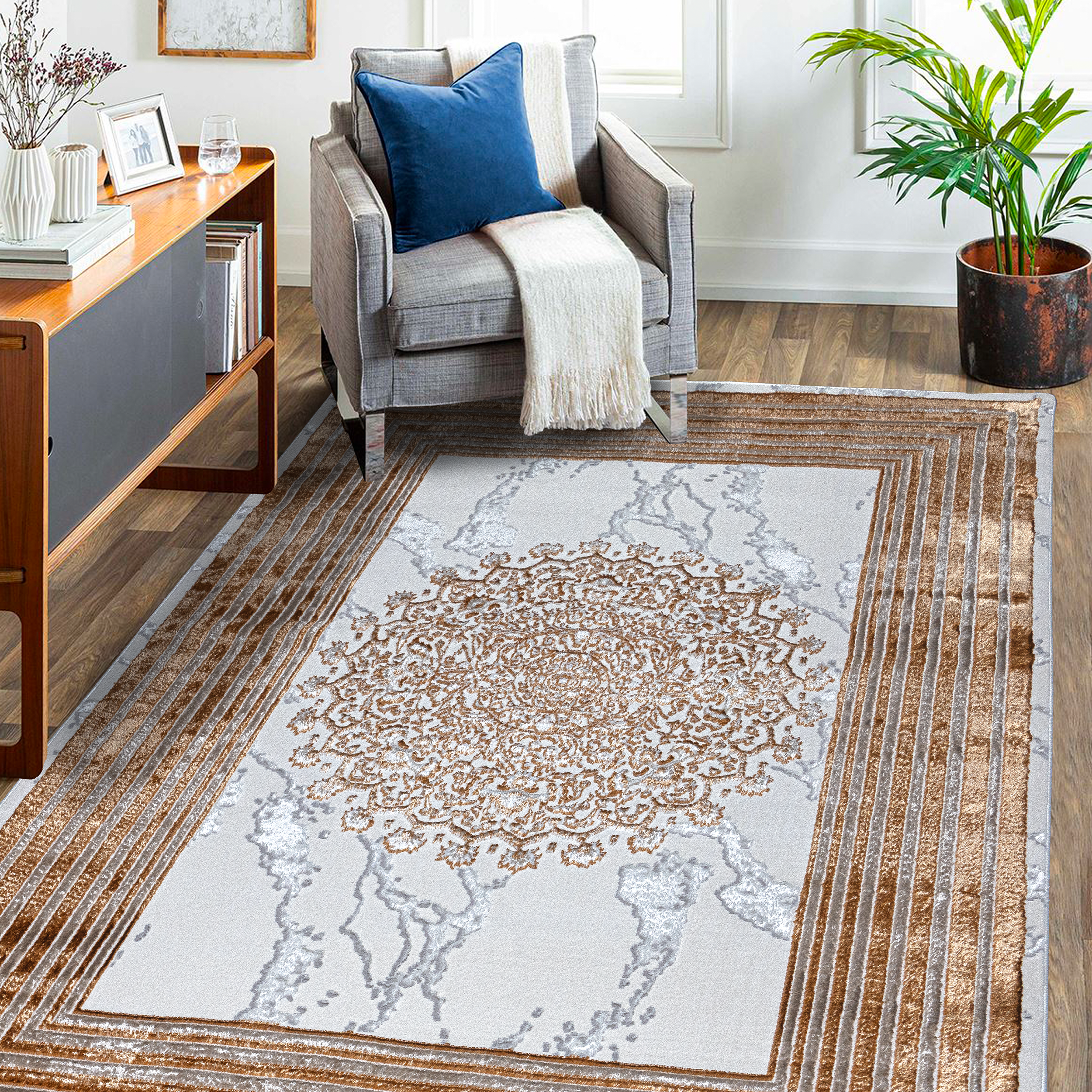 Opulent Classic Ivory Marble Look Rug with Bronze Shine